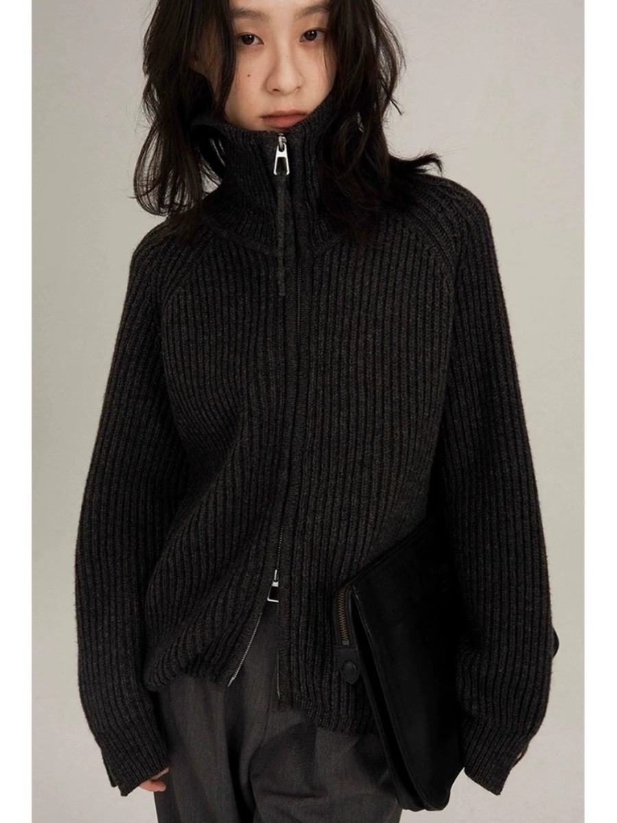 Wool Coat Peacoat - Schweres Design Herbst/Winter schwarzer Revers-Doppelreißverschluss-Kaschmir-Cardigan für