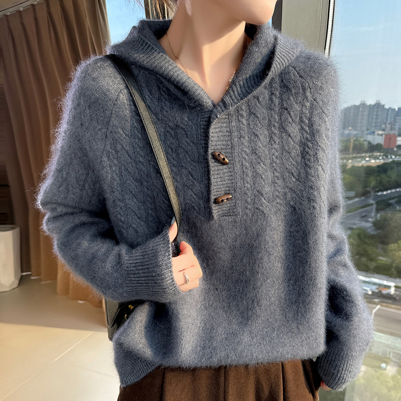 Wool Coat Peacoat - 100 % reiner Nerz-Kaschmir-Strickpullover mit Kapuze,