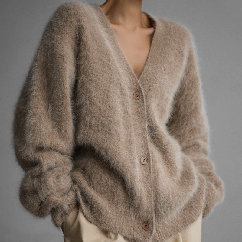 Wool Coat Peacoat - Flauschige Strickjacke für Damen mit V-Ausschnitt,